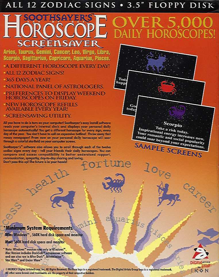 Retail Box back Soothsayer's Horoscope Screensaver 1996.