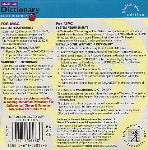 Retail Box back Macmillan Dictionary For Children.