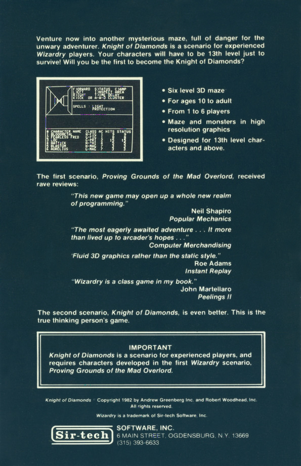 Cardboard Sleeve back Wizardry II Knight Of Diamonds.