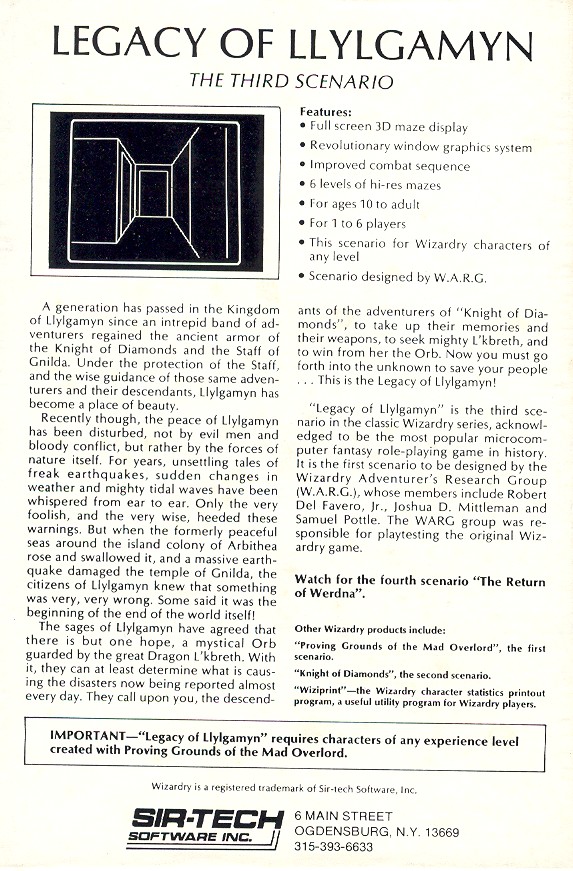 Retail Box back Wizardry III Legacy Of Llylgamyn.