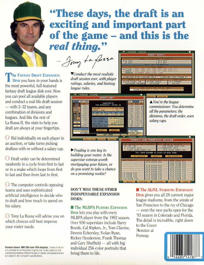 Retail Box back Tony LaRussa Baseball II Fantasy Draft.