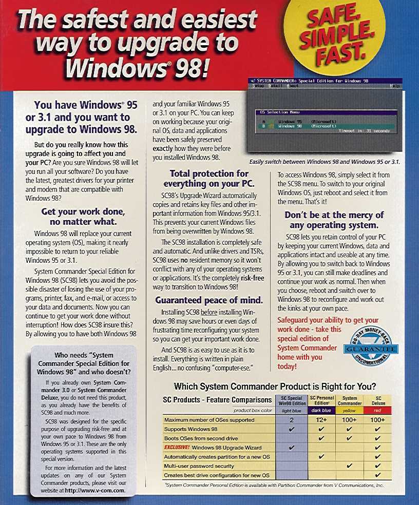 Retail Box back System Commander Special Edition For Windows 98.