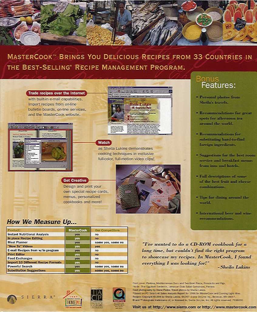 Retail Box back MasterCook Sheila Lukins All Around The World Recipe.