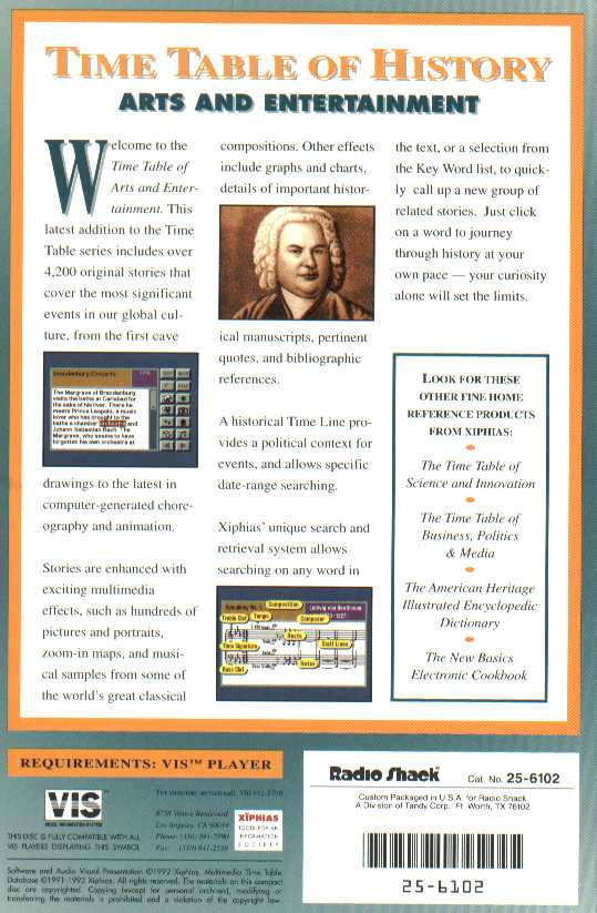 Retail Box back Time Table Of History Arts & Entertainment 1993.