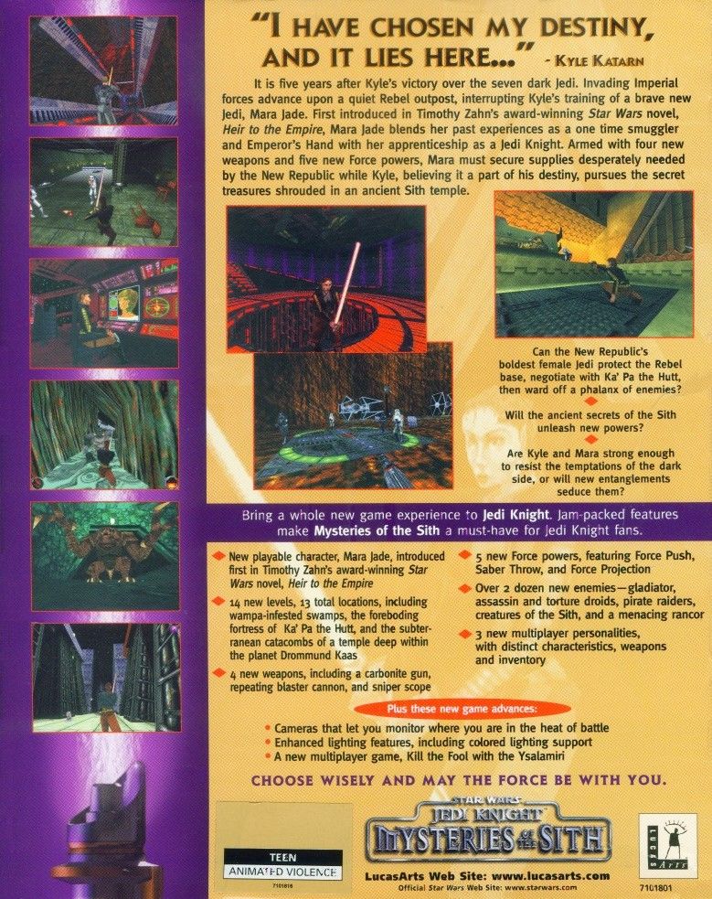 Retail Box back Star Wars Jedi Knight Mysteries Of The Sith.