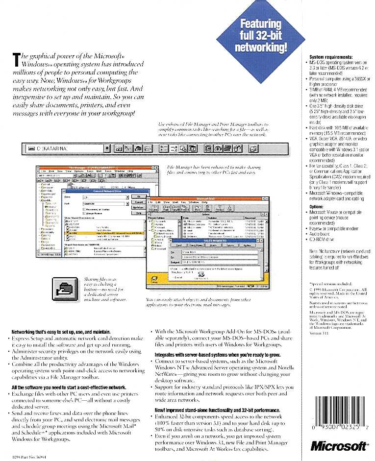 Retail Box back Microsoft Windows For Workgroups 3.11.