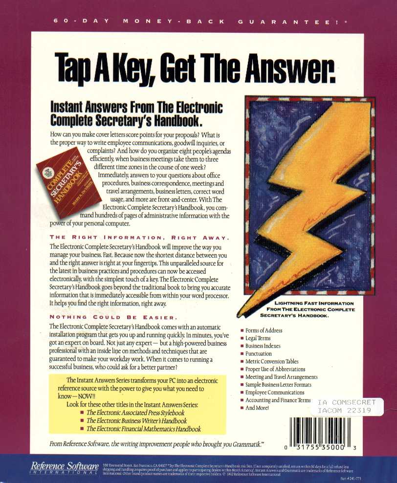 Retail Box back Instant Answers: Complete Secretary's Handbook.