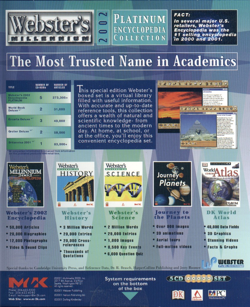Retail Box back Webster's Millennium 2002 Platinum Encyclopedia.