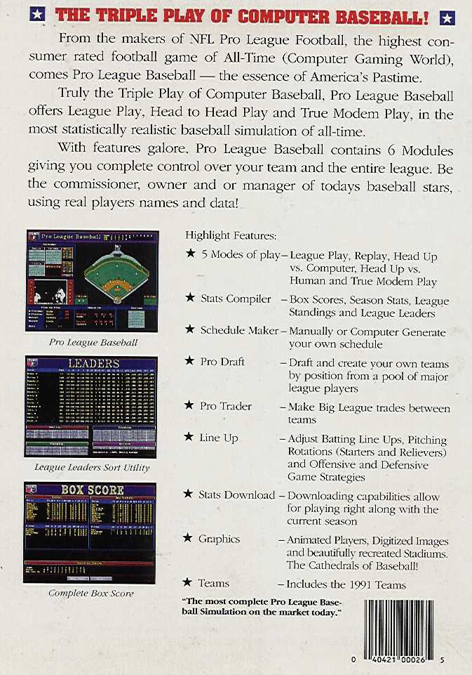Retail Box back Pro League Baseball.